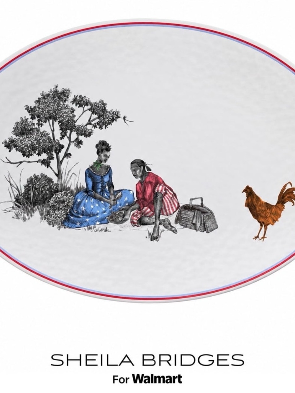 Sheila Bridges White Oval Serving Platter with Red and Blue Trim